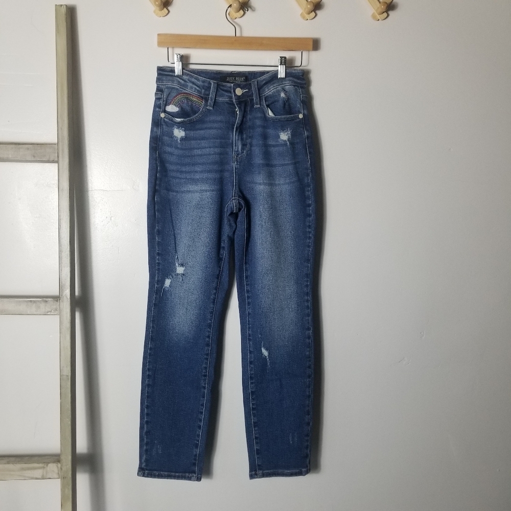 JUDY BLUE DISTRESS STRAIGHT LEG RAINBOW JEANS SIZE 3/26